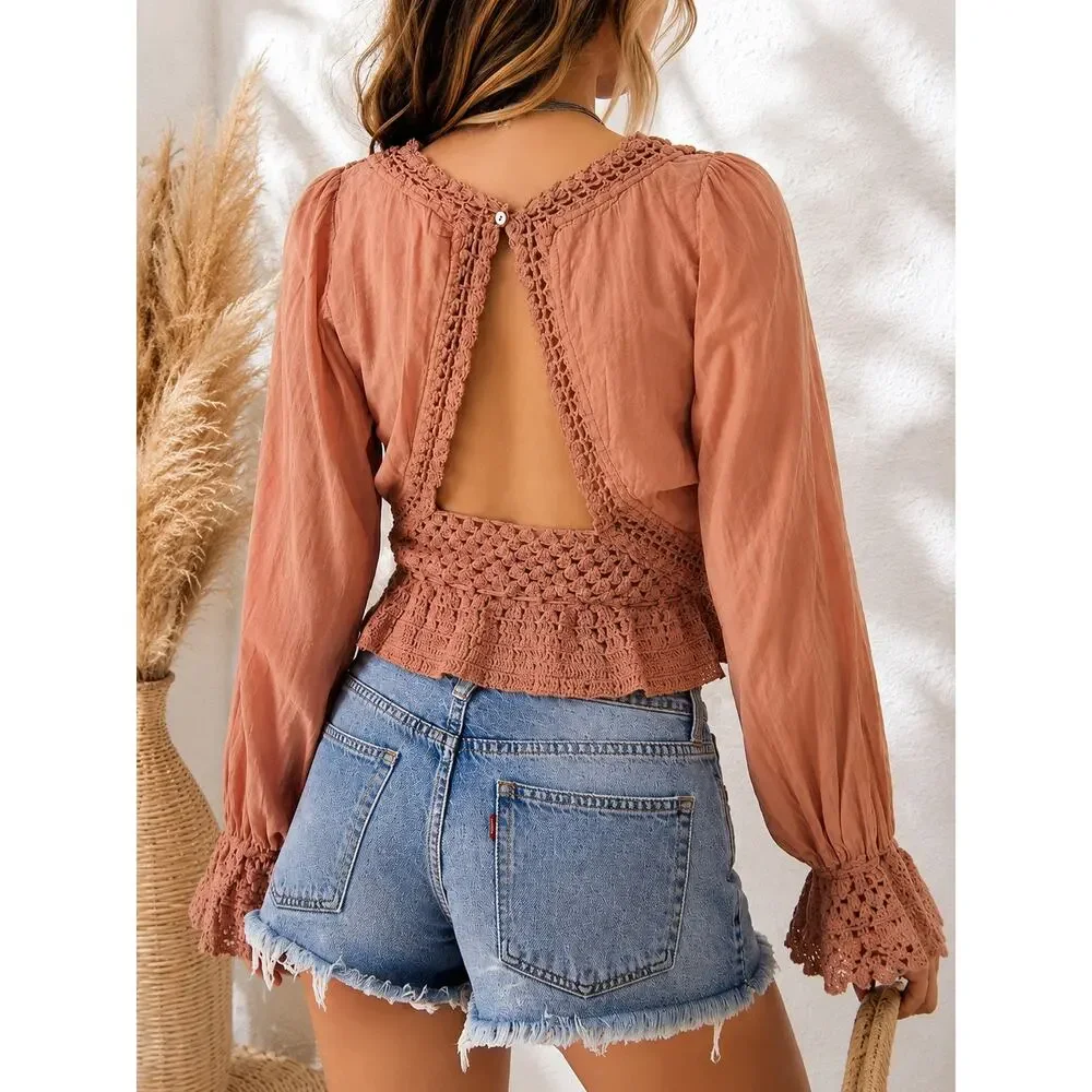 Free People Open Back Crochet Boho Top Dusty Rose Large NWT